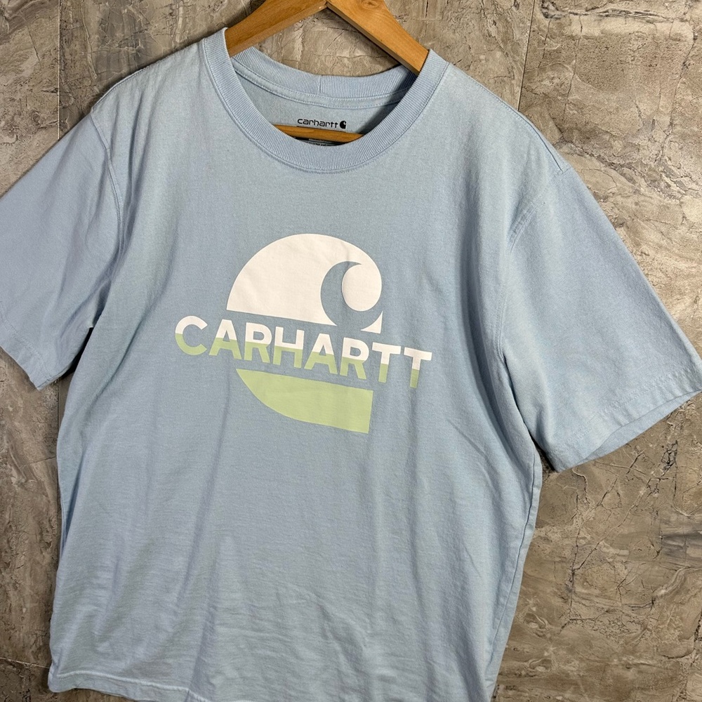 Carhartt Relaxed Fit Logo T Shirt Light Blue Men Medium Cotton Outdoor Basic Tee - Picture 2 of 7